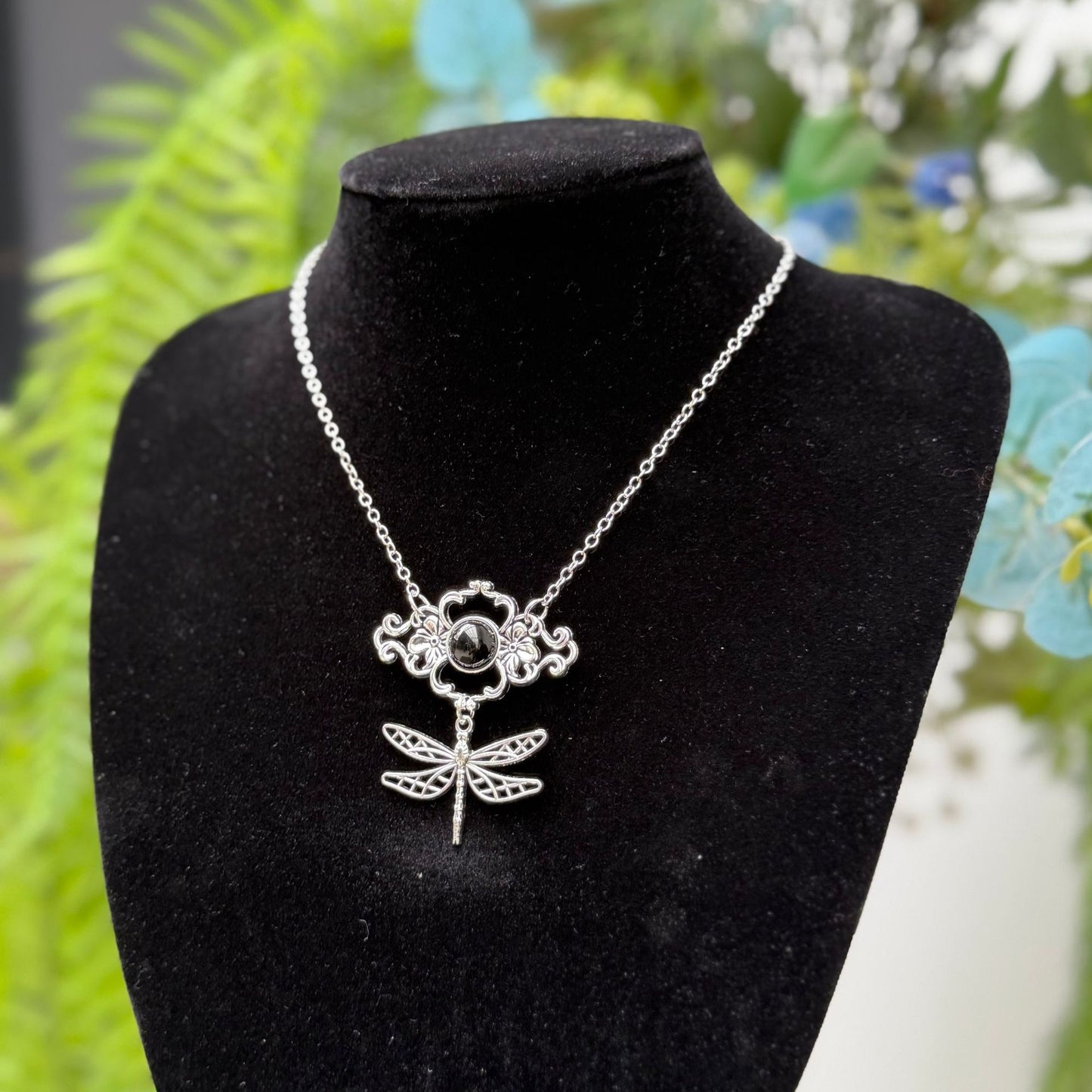 Vintage Pierced Black Gem Flower Butterfly Weird Necklace