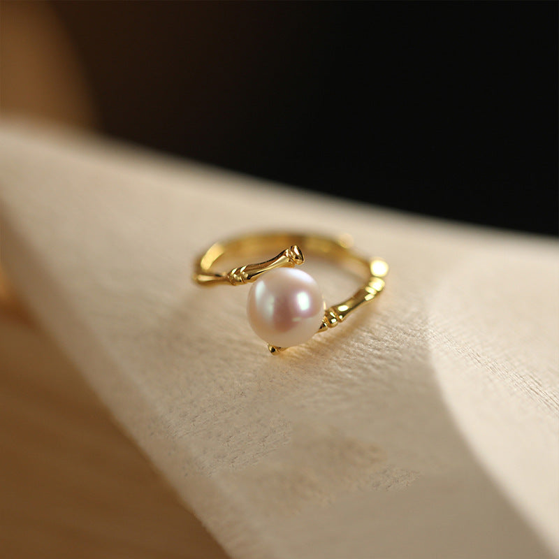 Women's Pearl Bamboo Light Luxury High Sense Design Simple Graceful Open Ring
