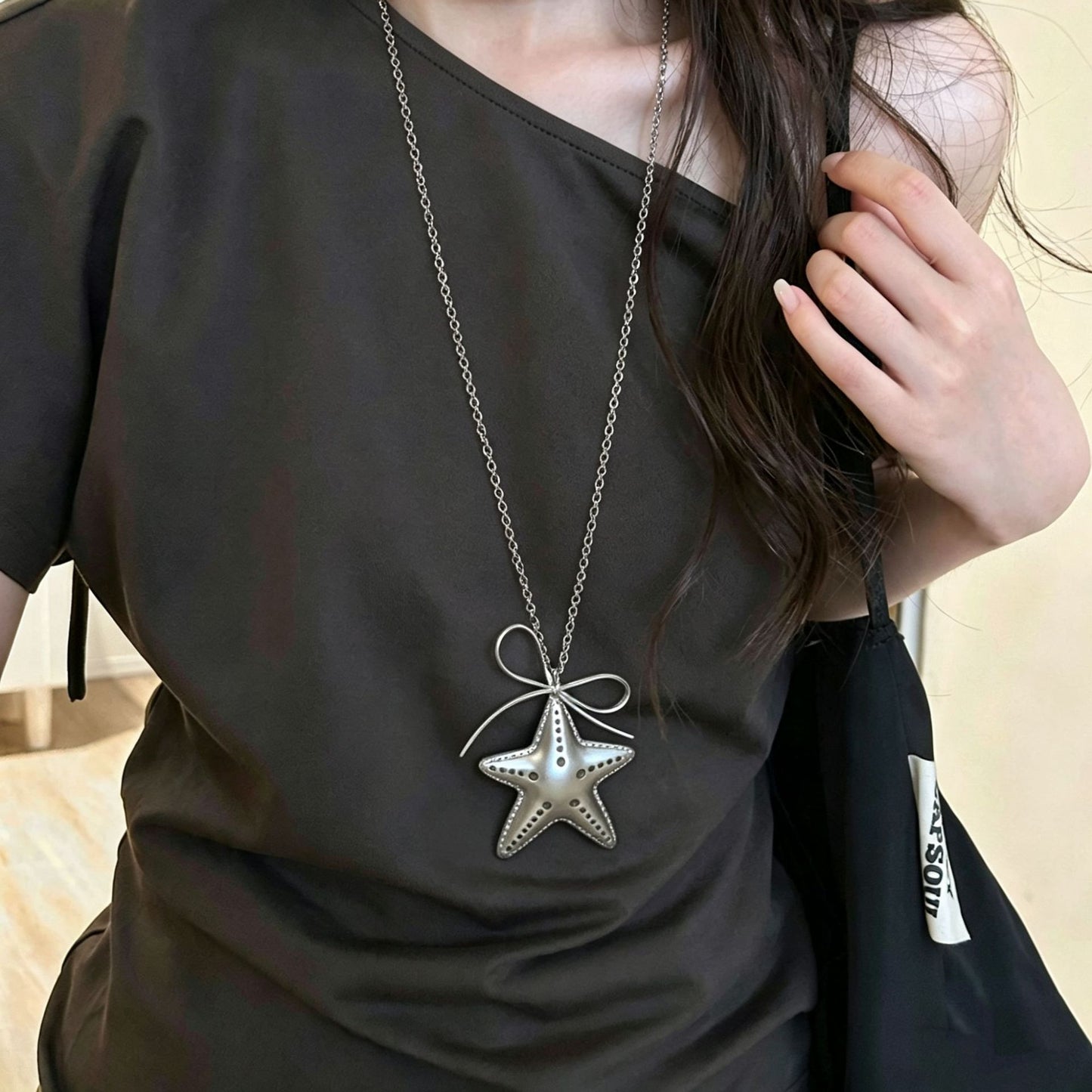 Women's Sweet Cool Hot Design Sier Bow Titanium Steel Long Necklace