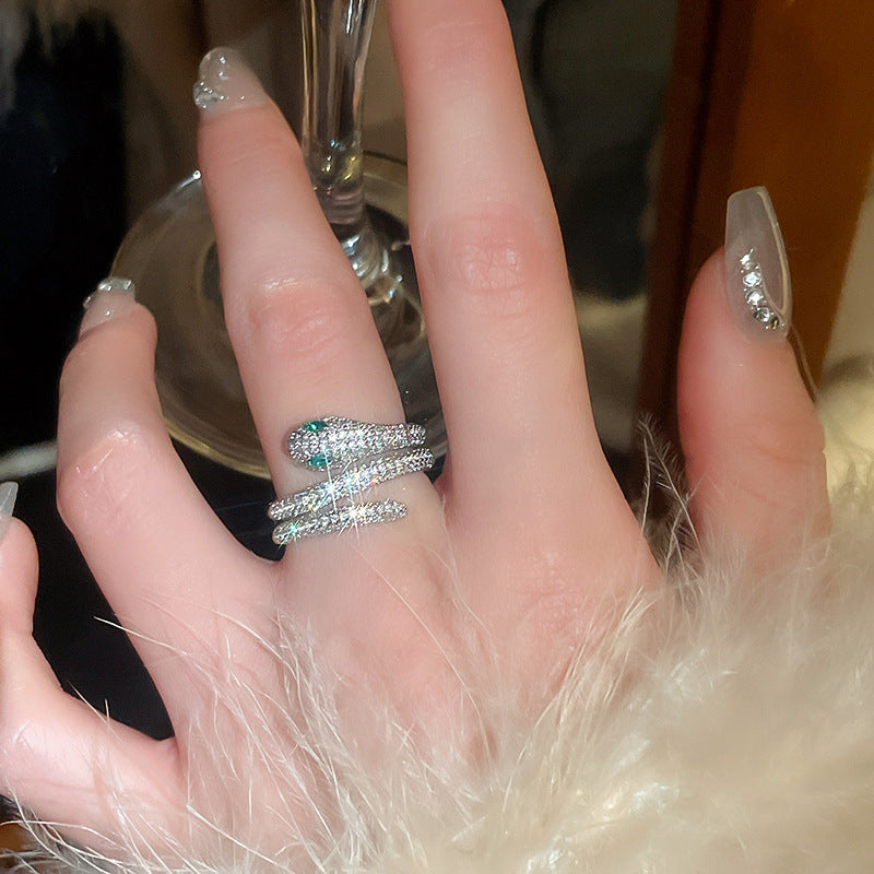 Women's Shining Diamond Snake-shaped Sier Open Advanced Texture Simple Trendy Cool Ring