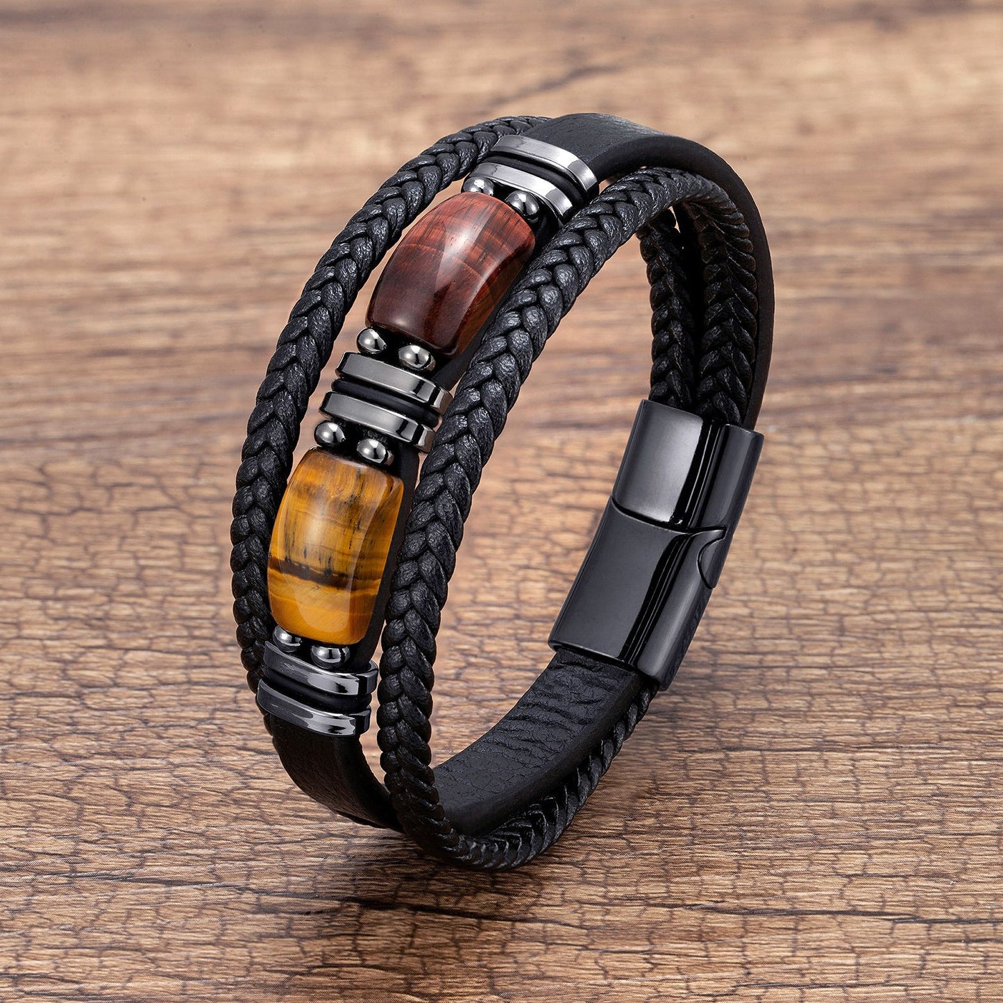 Men's Eye Leather Rope Stainless Steel Magnetic Buckle Bracelet