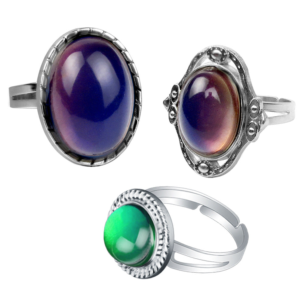 Women's Retro Oval Round Gem Temperature Change Adjustable Ring