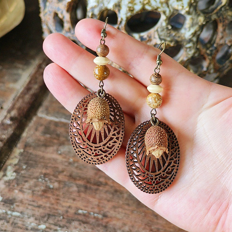 Style Retro Minority Mori Bohemian Indian Wandering Hollow Wood Grain Earrings
