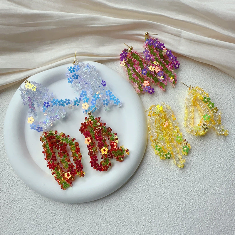 Laser Sequined Flower Tassel Vacation Style Earrings