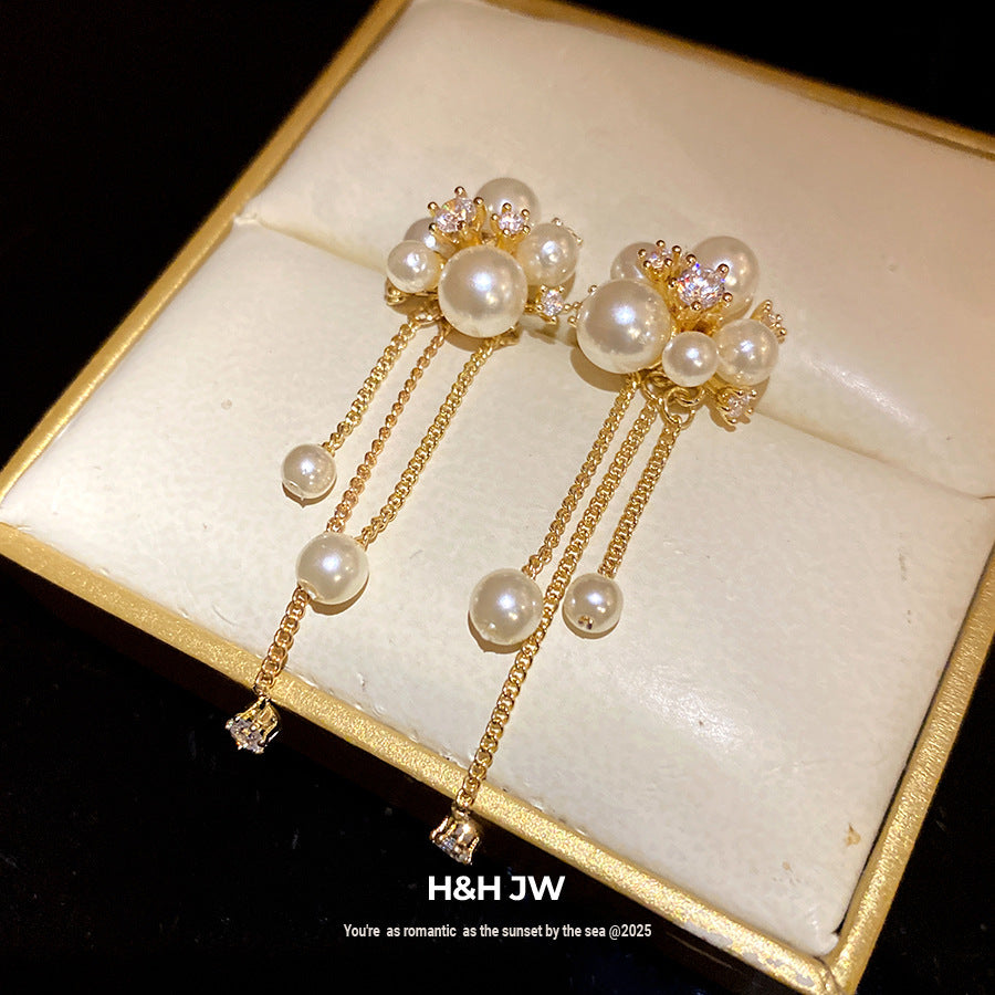 Zircon Tassel Pearl Flower Elegant Wild Light Luxury High-grade Design Earrings