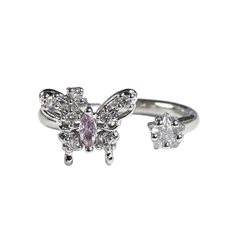 Pink Diamond Butterfly Irregular Simple Stylish Opening Female Adjustable Rings