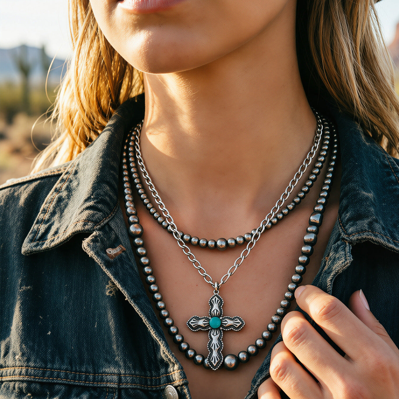 Bohemian Vacation Style Beaded Geometric Tophus Retro Western Denim Necklaces