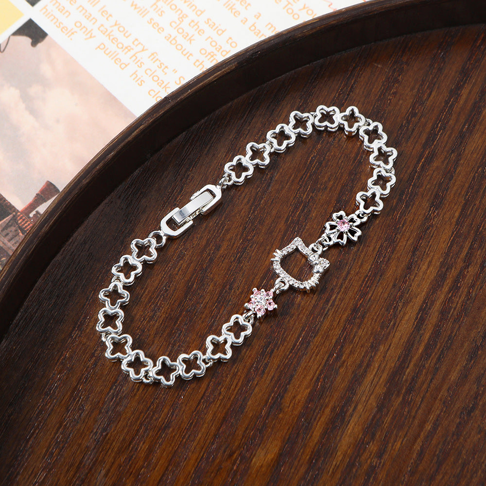 Cartoon Cat Pink Zircon Flower Girlfriends Birthday Bracelet