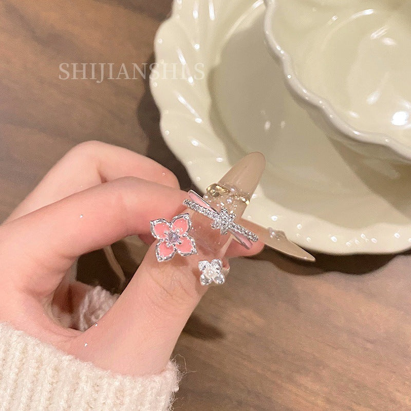 Women's Spring Sweet Pink Cherry Double Flower Niche Knot Design Sense Ring
