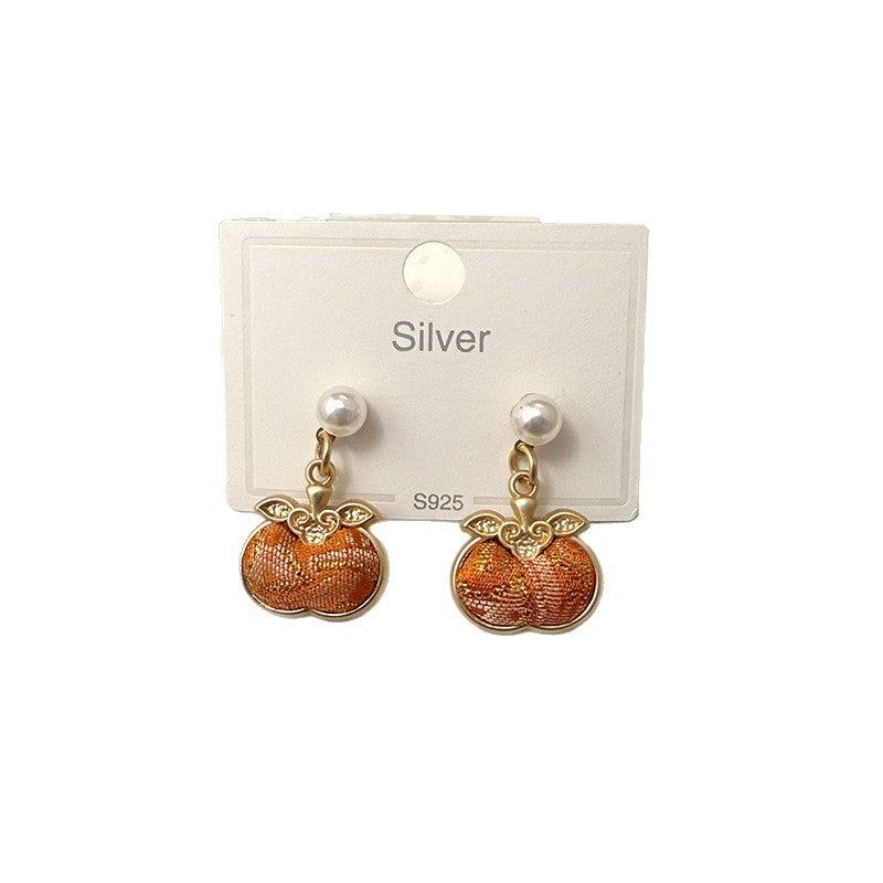 Style Song Dynasty Brocade Lucky Persimmon Sier Needle Ancient Auricular Earrings