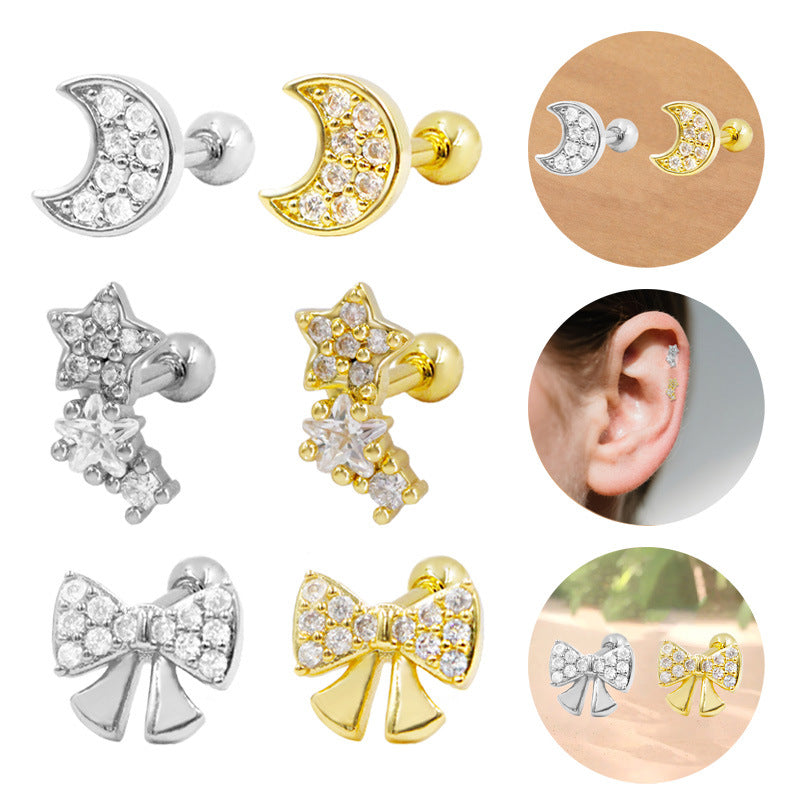 Three-dimensional Moon Ear Bone Nail Bow Stud Earrings