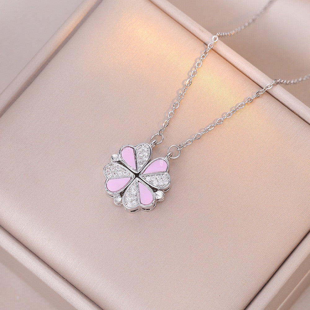 Women's Steel Cross Chain Open Close Four-leaf Flower Necklace