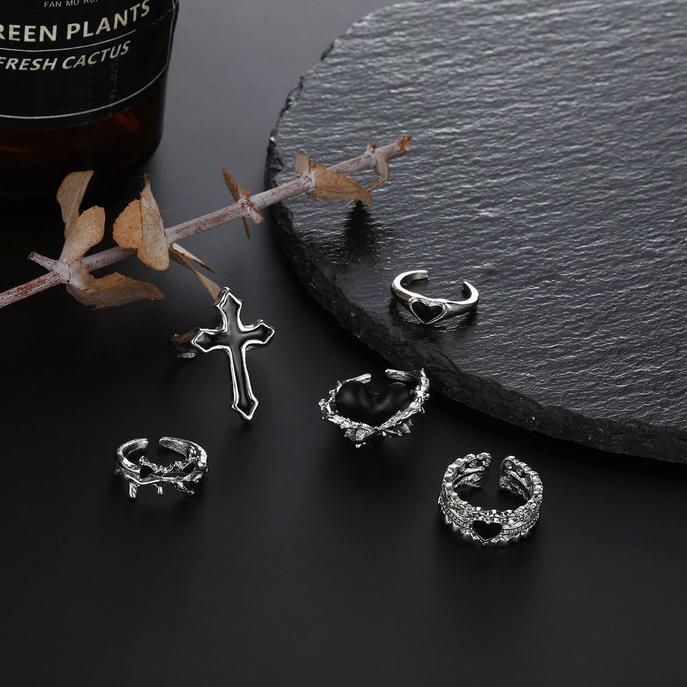 Combined Personality Retro Black Loving Heart With Opening Rings