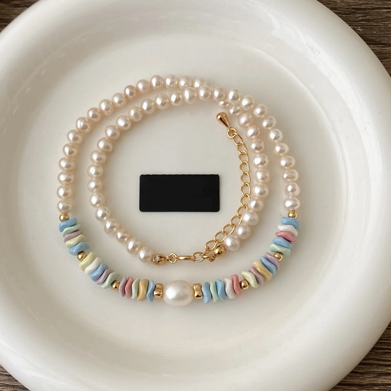 Women's Rainbow Stone Dopamine Pearl Light Luxury Minority Clavicle Chain Necklace