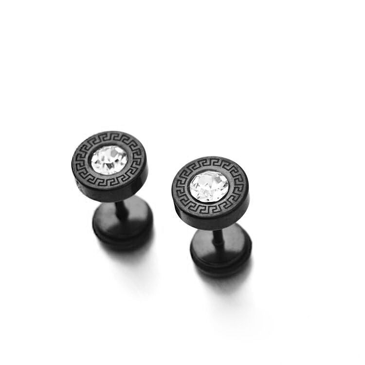 Vintage Disc Great Wall Pattern Diamond Round Titanium Steel Ear Stud Earrings