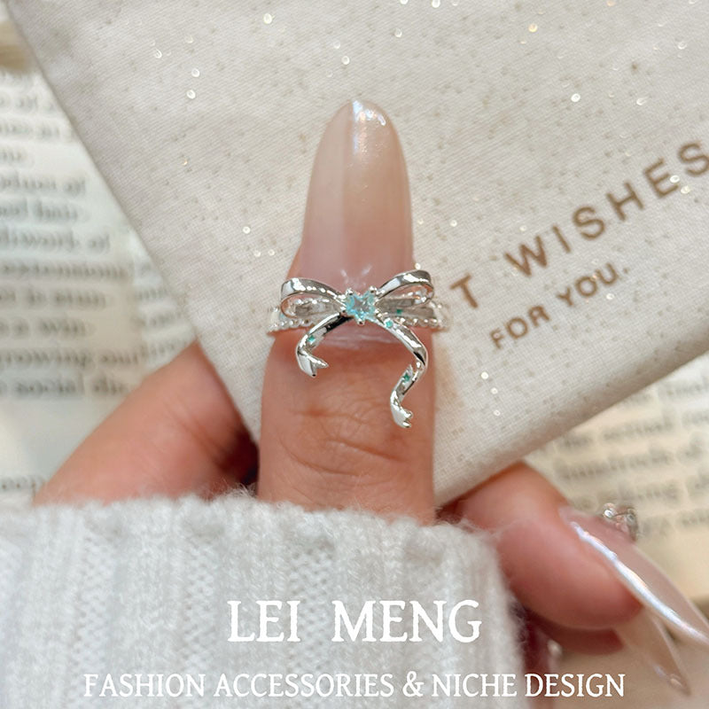 Women's Style Light Luxury Blue Zircon Bow Fashion Small Rings