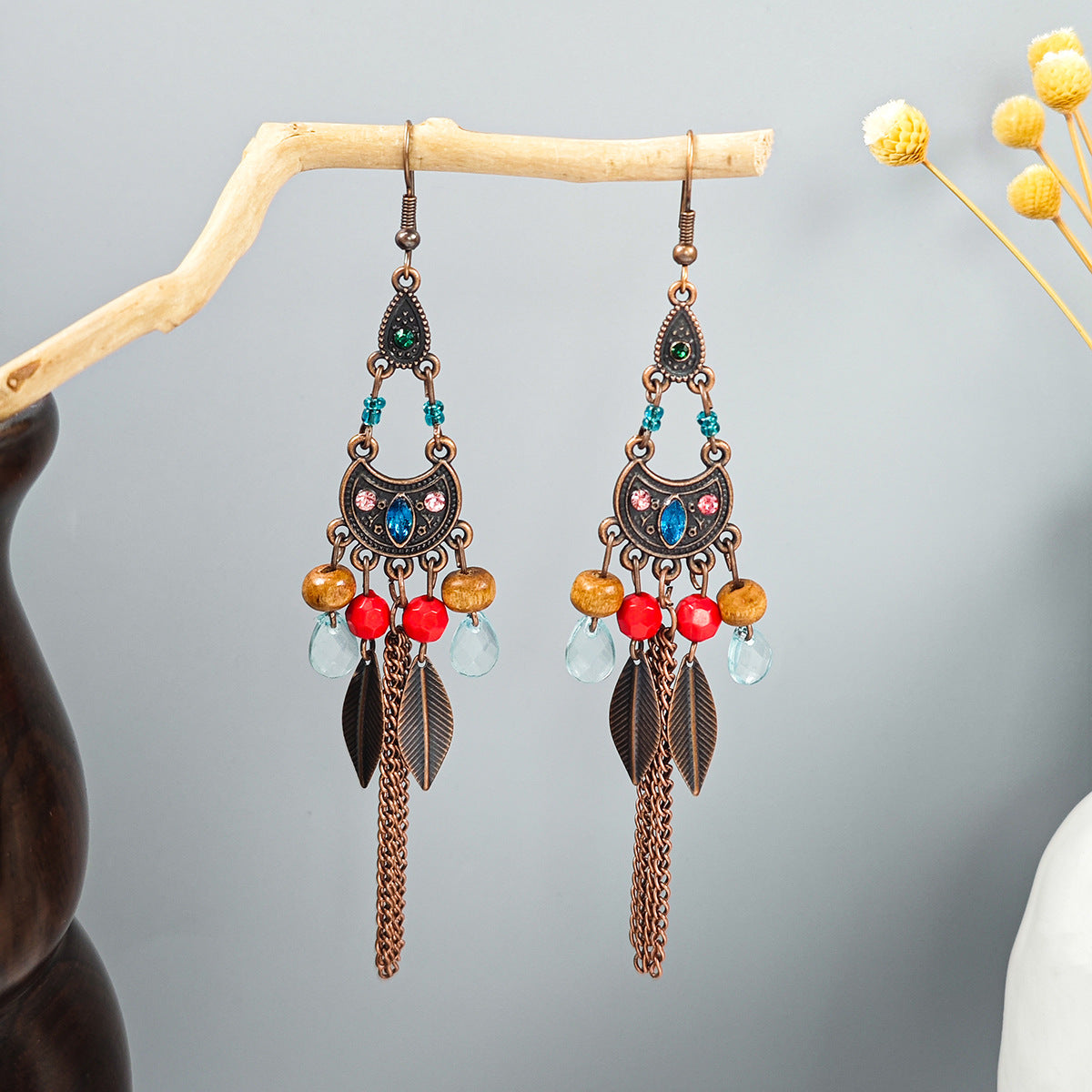 Turquoise Bohemian Palm Owl Bronze Carved Geometric Feather Earrings