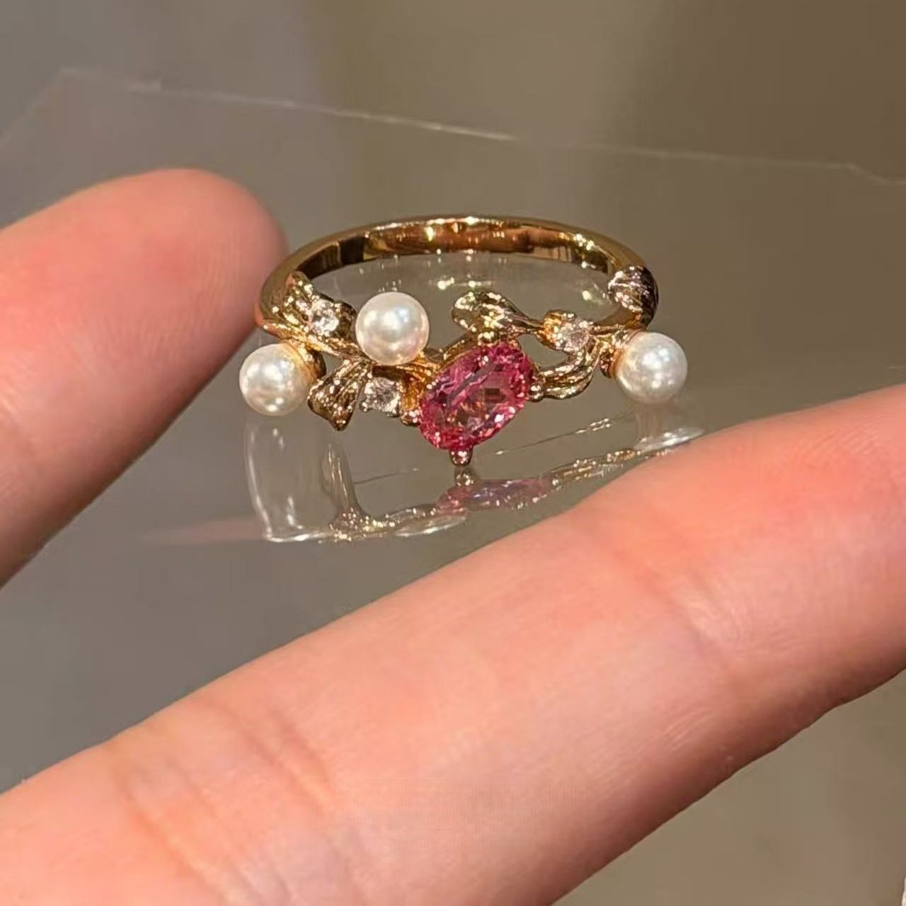One Garland Rhinestone Champagne Gold Pearl Ring