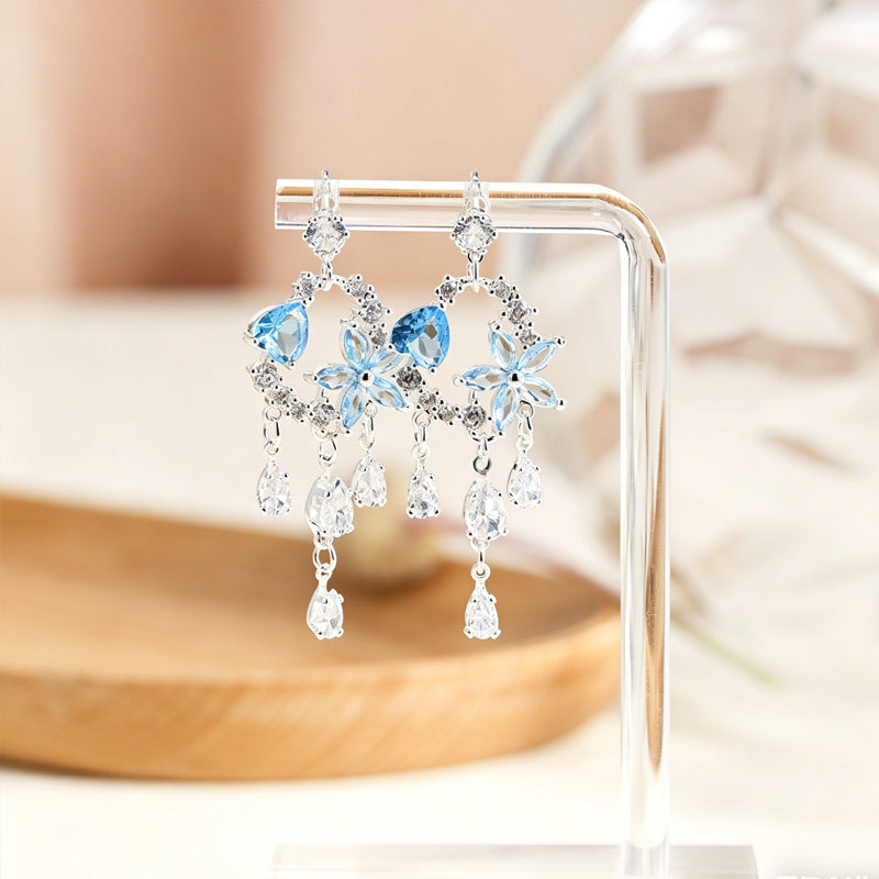 Fresh Zircon Flower Sweet Long Tassel Sier Earrings