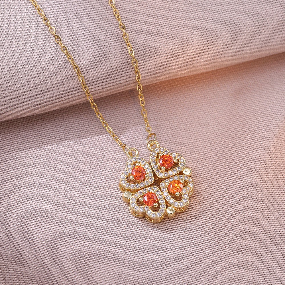 Women's Steel Cross Chain Open Close Four-leaf Flower Necklace