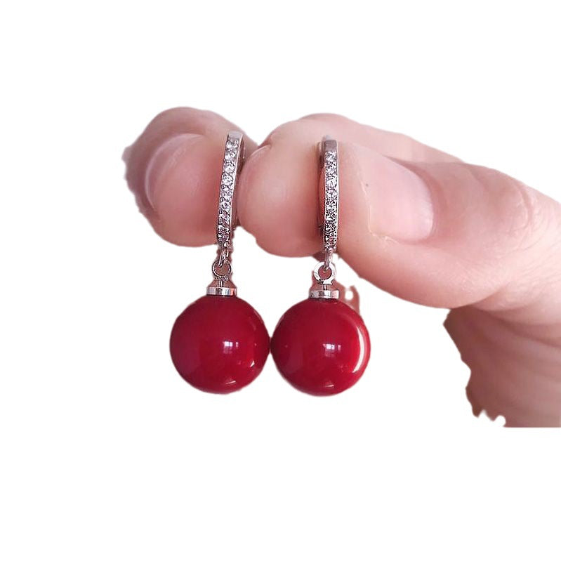 Sense Red Pearl Sier Needle Exquisite Versatile Earrings