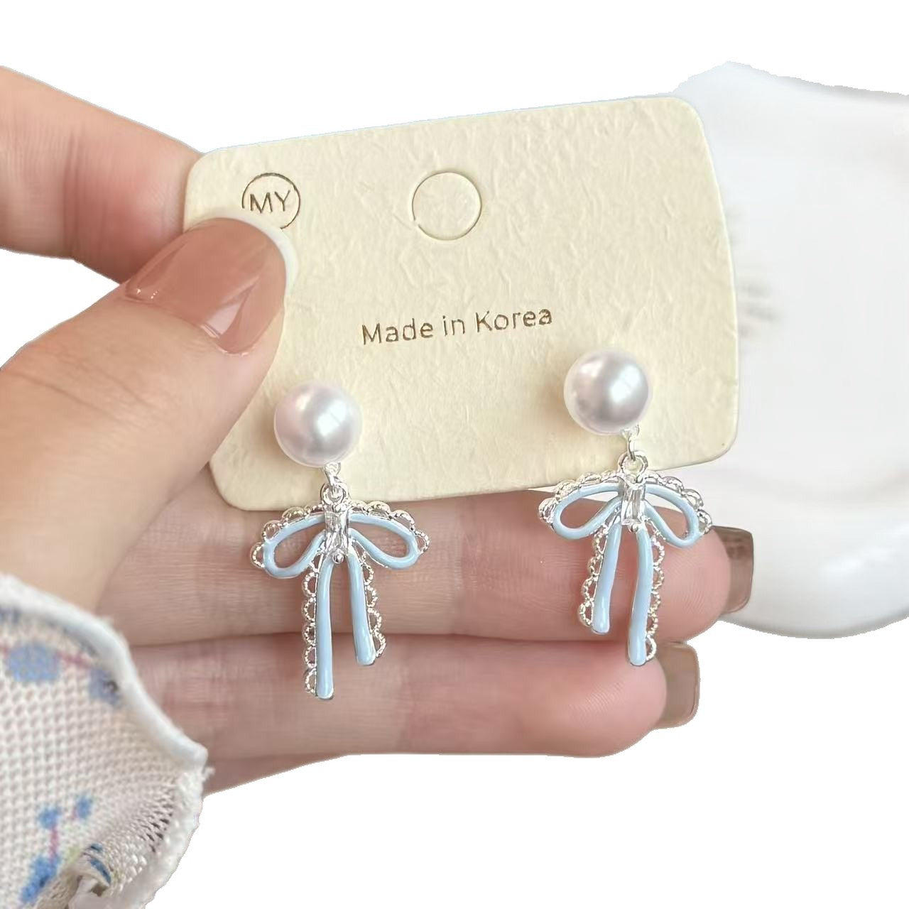 French Sweet Super Flash Zircon Drop Oil Lace Bow Pearl Earrings