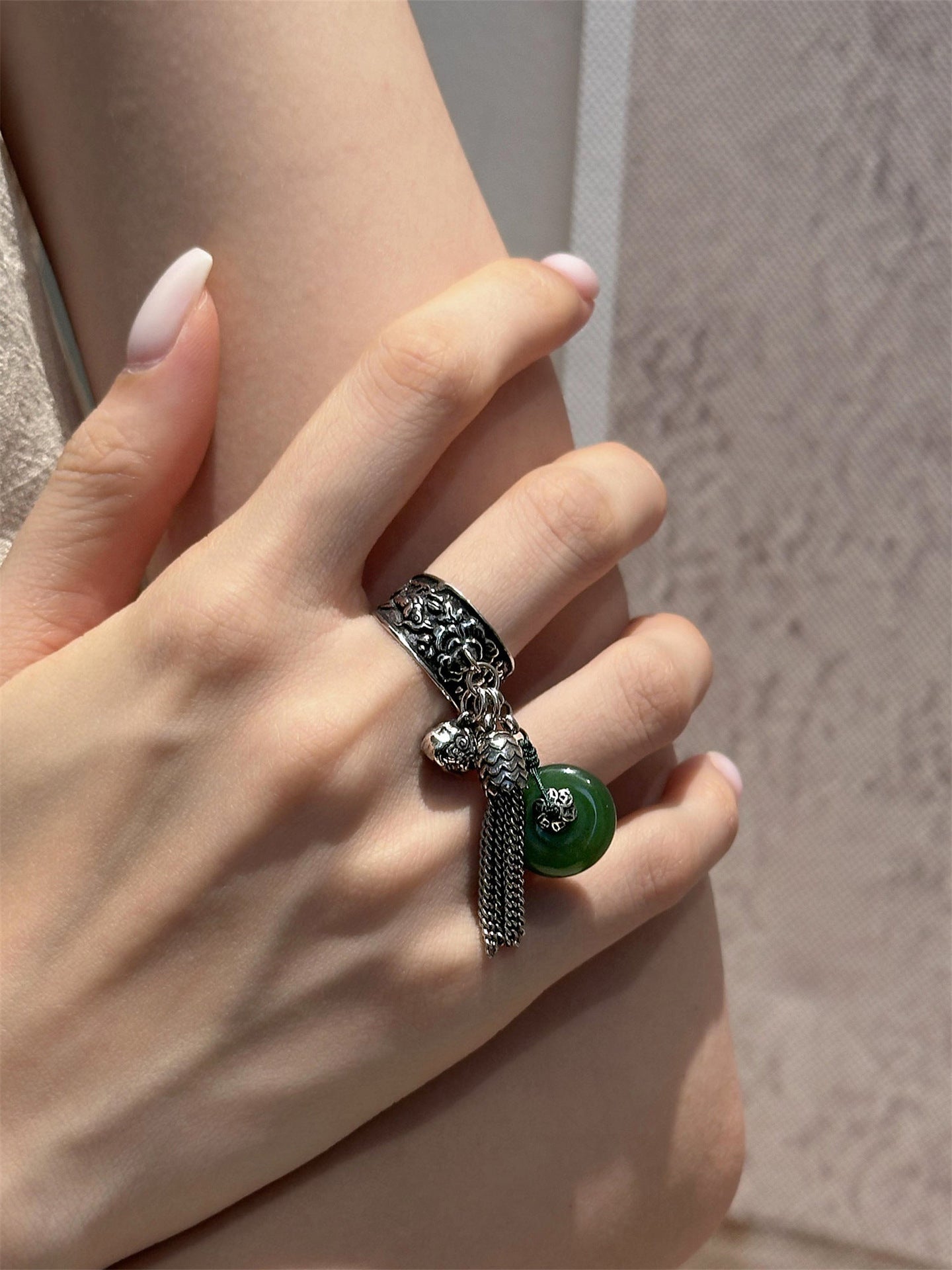 Chinese Retro Jasper Peace Buckle Female Tassel Ring