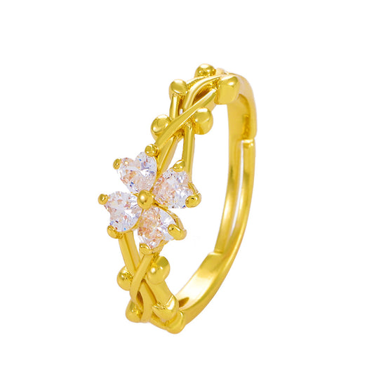 Micro Inlaid Zircon Four-leaf Clover Female Fashion Personality Vine Winding Ring