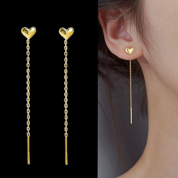 Women's Love Heart Gold Titanium Steel Long Elegant Ear Line