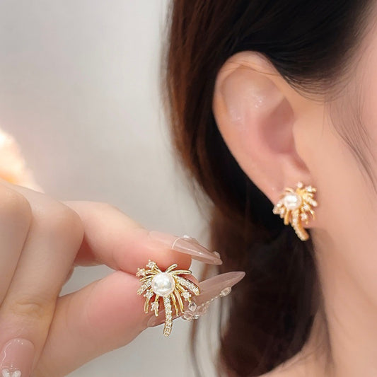 Women's Full Diamond Pearl Fireworks Exquisite Light Luxury Small Versatile Design Earrings