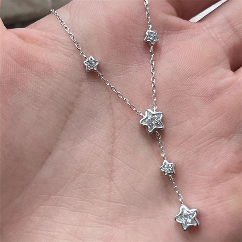 Female Pink Zircon Pentagram Tassel Clavicle Necklace