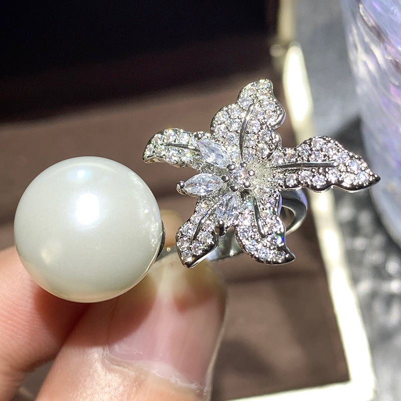 Inlaid Imitation Pearl Flower Starfish Temperament Open Rings