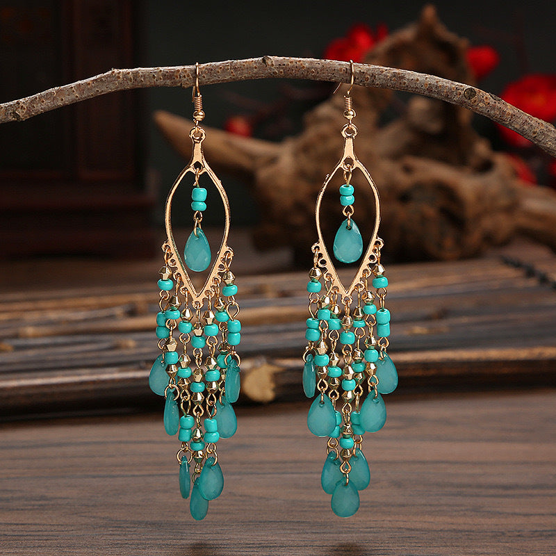 Women's Chinese Style Ethnic Personalized Minority Water Drop Crystal Tassel Earrings