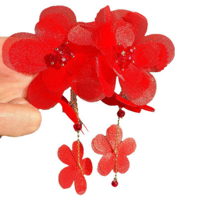High-grade Tulle Flower Beaded Petals Tassel Long Exquisite Beautiful Temperament Earrings