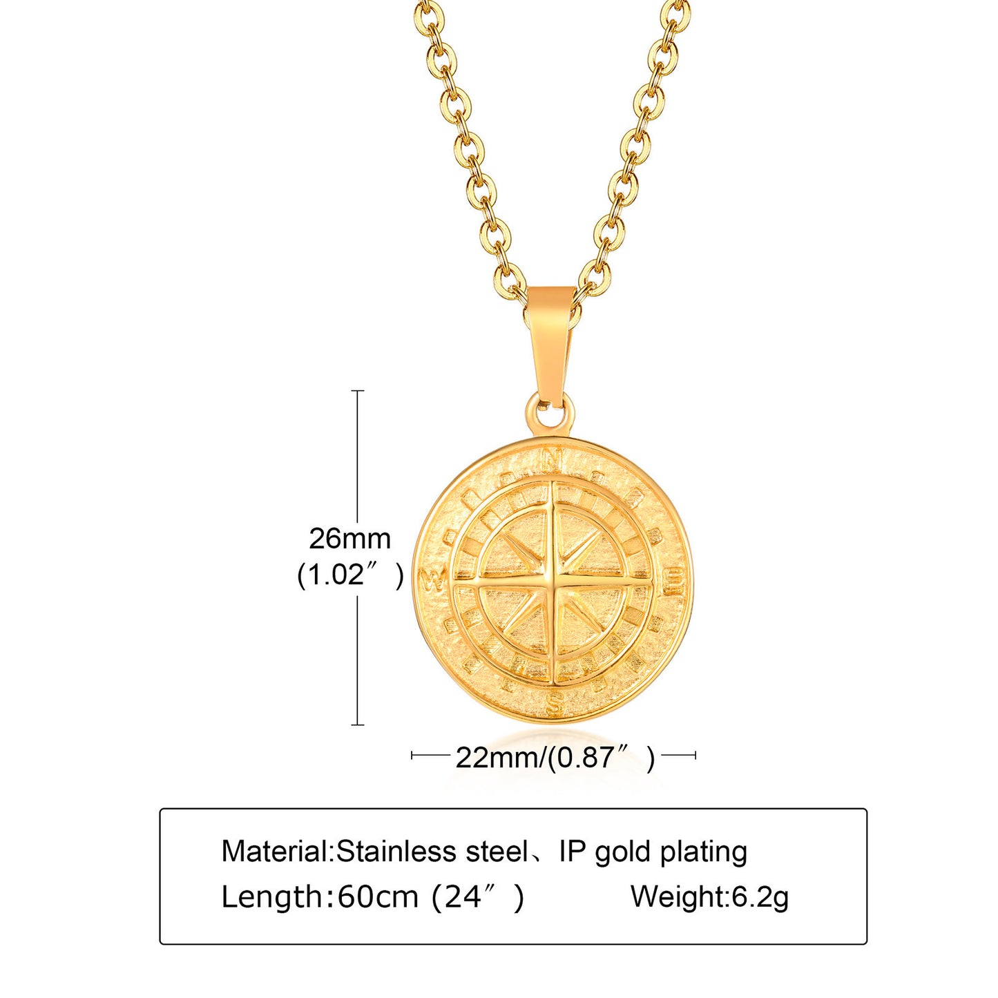 Men's Stainless Steel Compass Gold Coin Hip Pendants