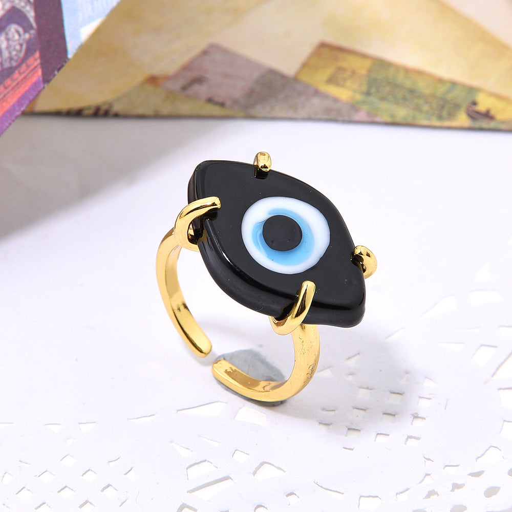 Women's Handmade Gold Copper Inlaid Glass Eyes Open-end For Bohemian Adjustable Ring