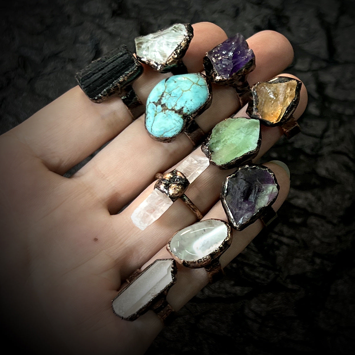 Gemstone Purple Yellow White Crystal Fluorite Amorphous Opening Adjustable Rings