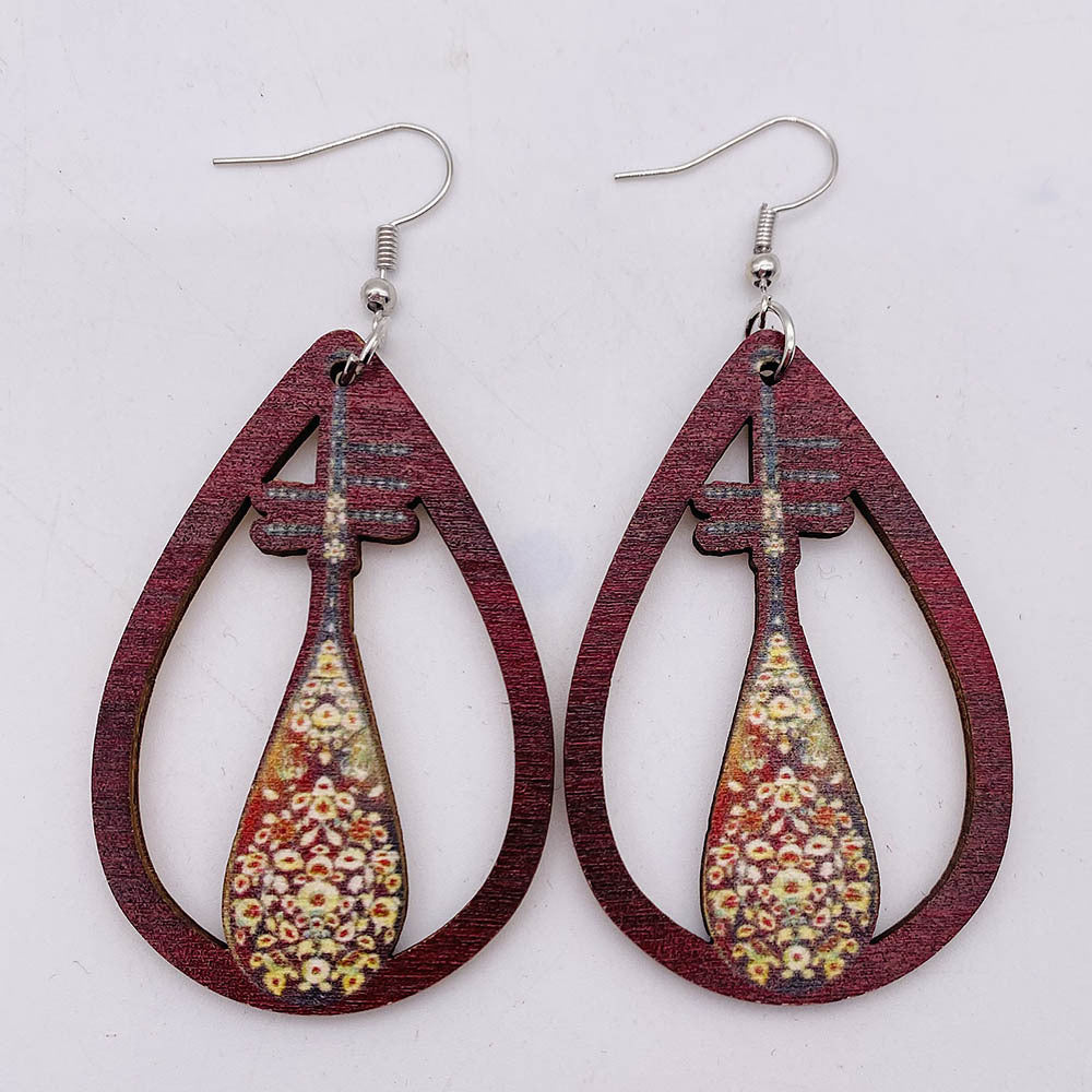 Hollow Out Guitar Wooden Fashion Musical Instrument Earrings