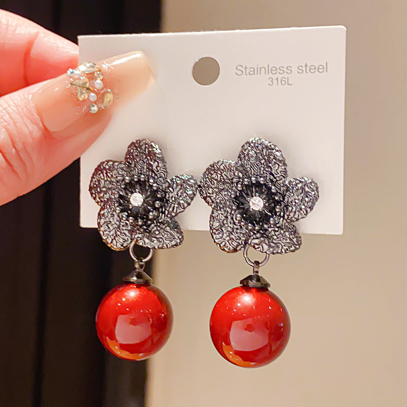 Women's Sier Needle Light Luxury Zircon Flower Artificial Pearl Style Niche Earrings