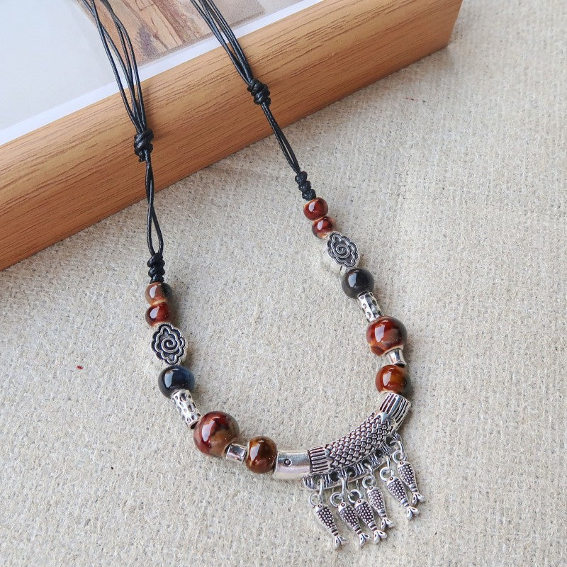 Women's Vintage Ethnic Style Ceramic Long Sweater Necklace