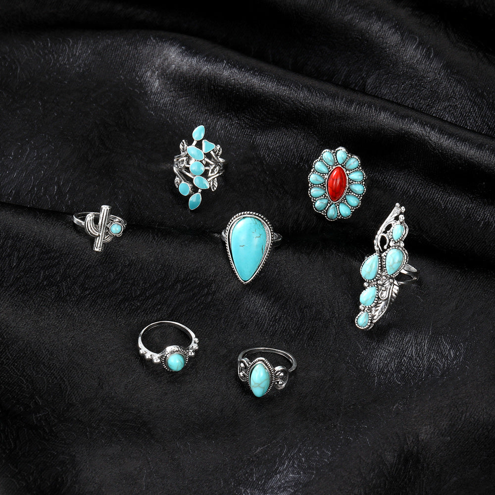 Vintage Bohemian Drop-shaped Carved Red With Hollow Design Turquoise Rings