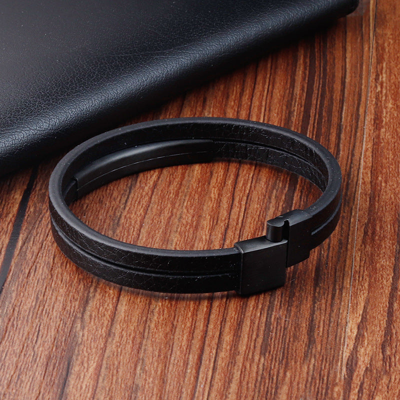 Men's Minimalist Creative Titanium Steel Leather Double Bracelet