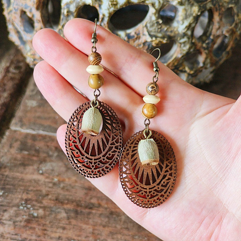 Style Retro Minority Mori Bohemian Indian Wandering Hollow Wood Grain Earrings