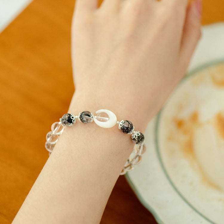 Women's & Men's Pair Black Hair Crystal Obsidian White Object Bracelets