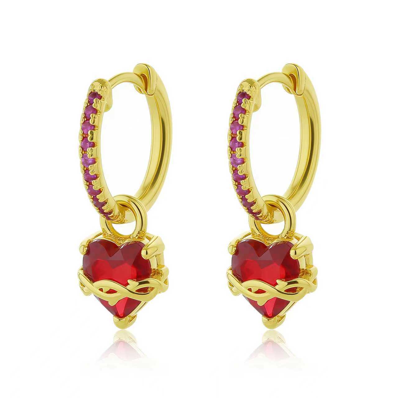 Women's Gold Red Love Heart Gem Thorn Inlaid Zircon Design Sense Earrings