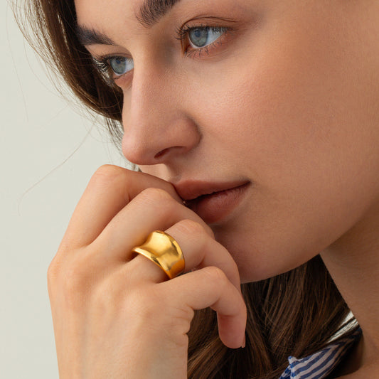 Women's Titanium Steel Wide Surface Real Gold Electroplated Glossy Simple Rings