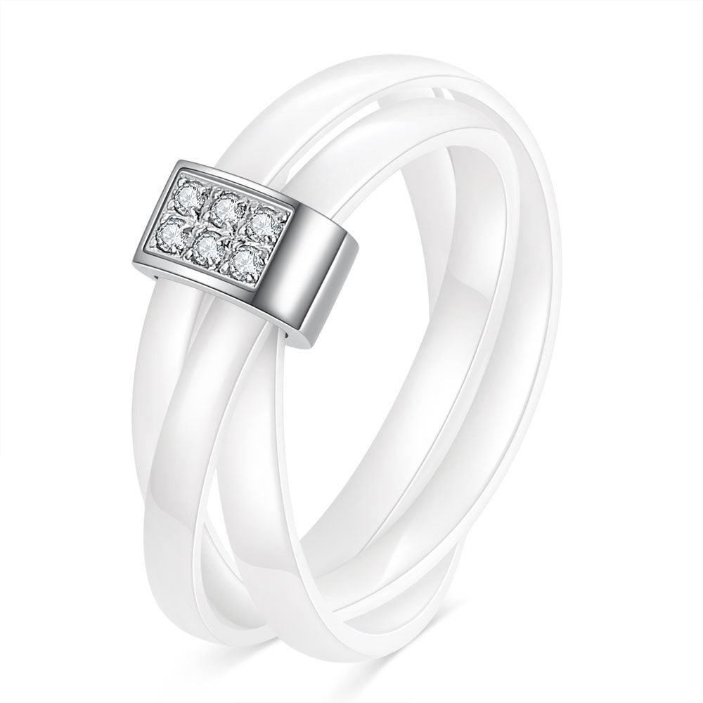 White Ceramic Three-ring Cross Stainless Steel Rings