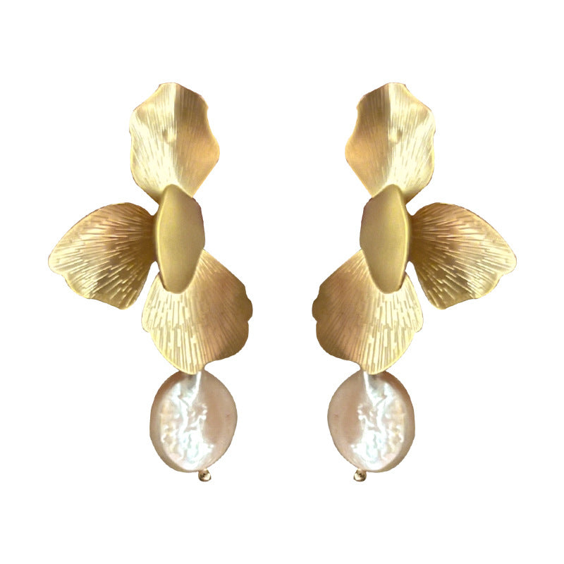 Sier Needle Gold Petal Flower Baroque Earrings