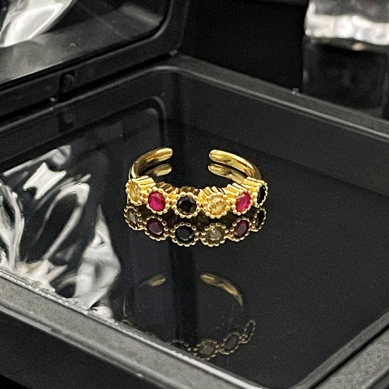 French Retro Court Gold Pink Diamond Open Female Rings