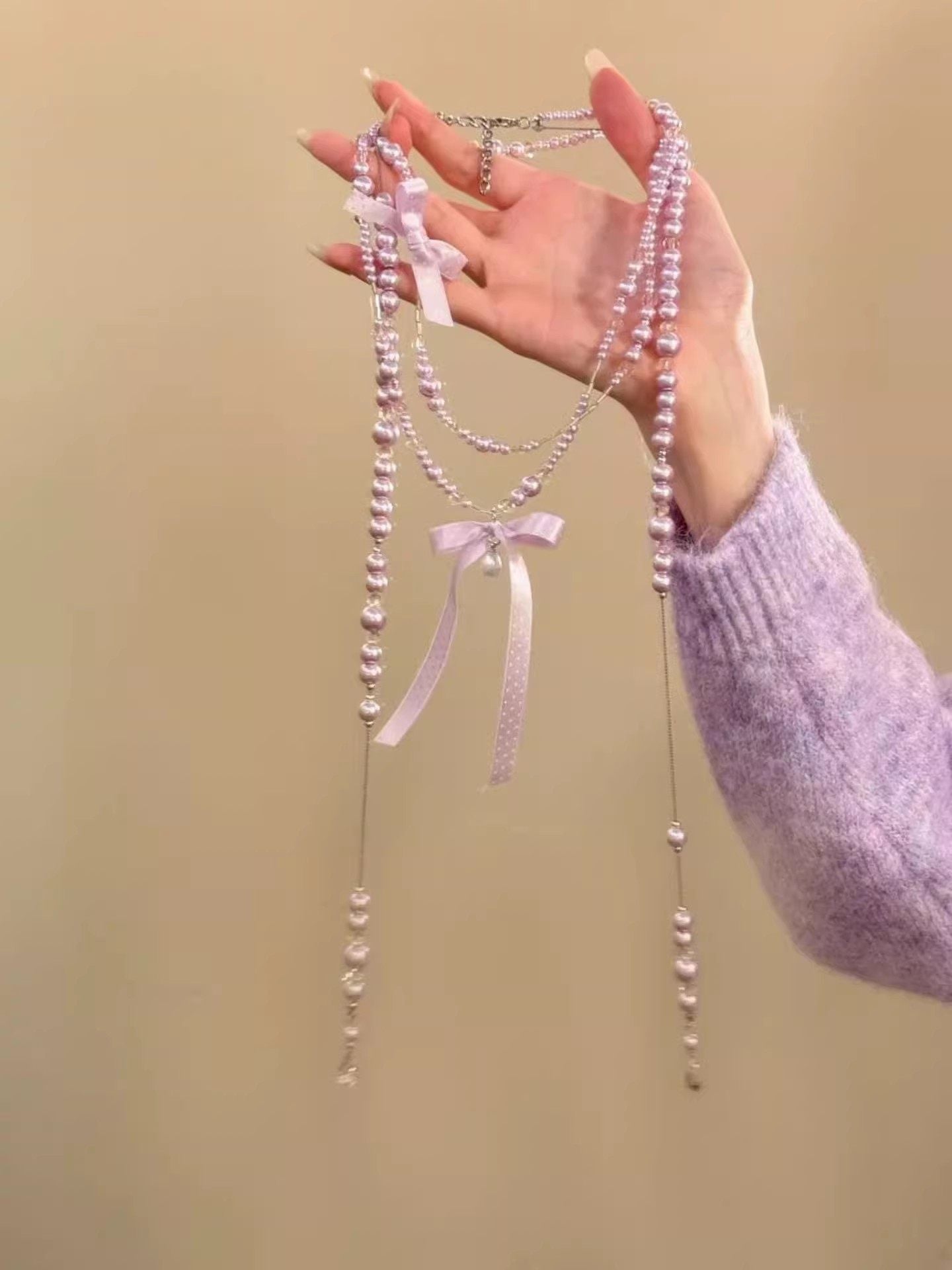 Romantic Purple Flower Pearl Long Twin Necklace